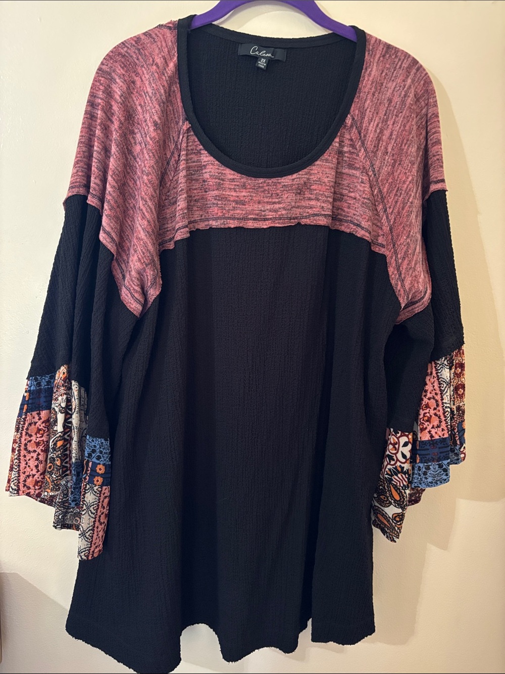 Lightweight Black Tunic with Pink Yoke & Patterned Bell Sleeves